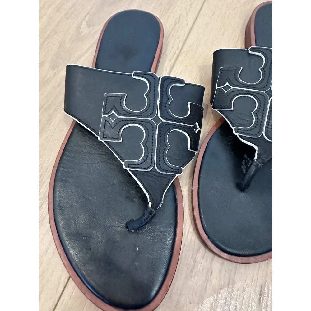 Tory Burch Miller Black Leather Thong Sandals White Contrast Stitching Logo 9.5